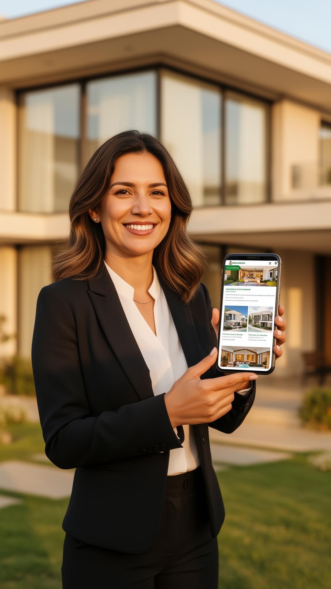 Corretora apresentando site imobiliário no celular